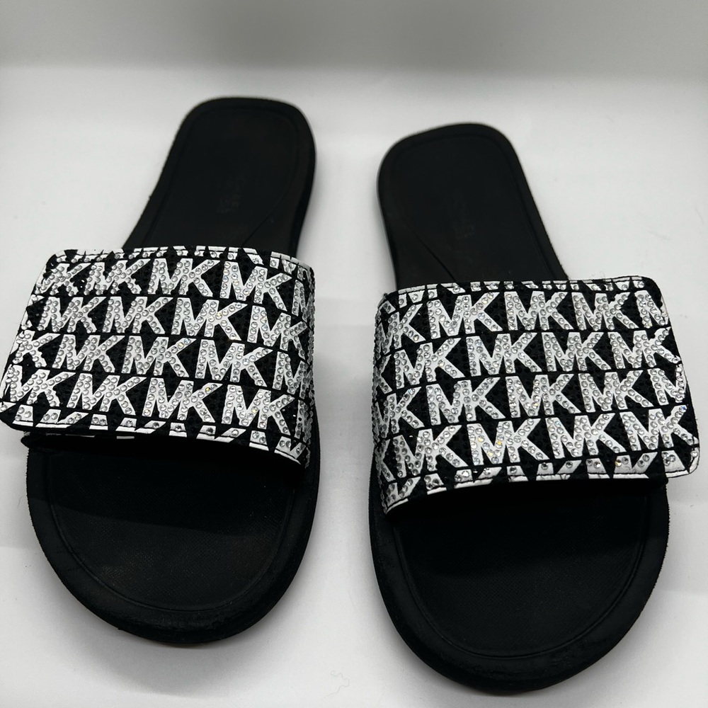Michael Kors Gemstone Black & White MK Logo Slide Sandals - Size 7.5